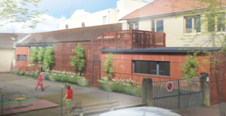 Perspective d'ambiance de l'extension et la cour de récrée. 