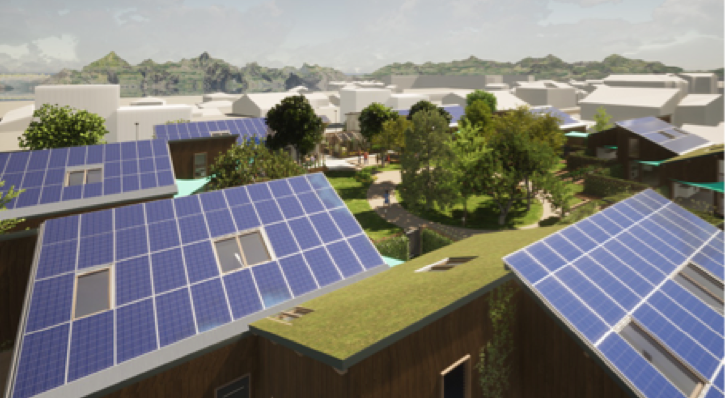 Perspective du projet "éco-loger" dans un contexte urbain. Vue sur les toitures végétalisées et les panneaux photovoltaïques.