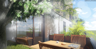 Vue depuis un balcon, ces derniers sont généreux pour permettre l'installation d'une table pour 4 et de jardinières. 