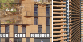 Photograph of the façade and details of the façade cladding.