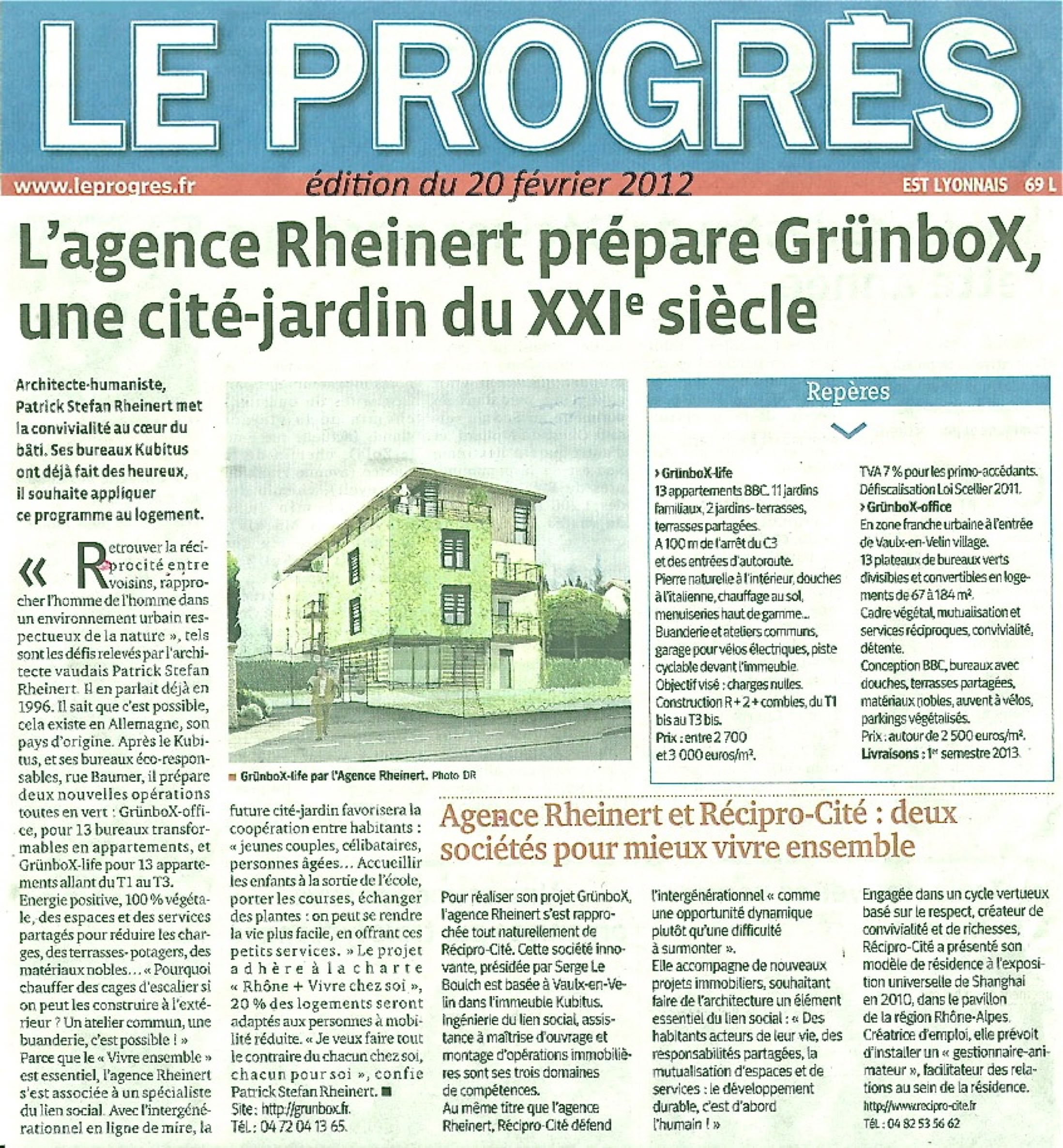 Article du progrès sur le projet de Grünbox, une cité-jardin du XXI° siècle.