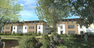 Außenperspektive des Projekts. Blick auf die Wohnmodule und den begrünten Außenbereich.