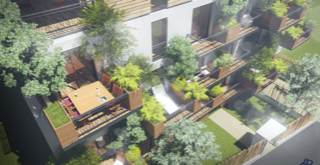 Vue aérienne sur la façade et les balcons.