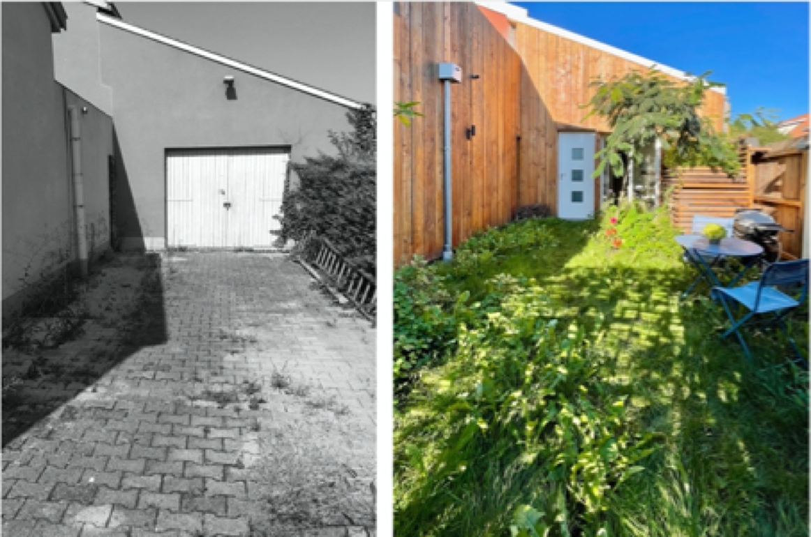 A gauche photo de l'existant, à droite perspective projet de la reconversion du garage en tiny house urbaine.