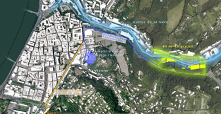 Mass plan of the study area produced by the agency, detailing the proposed spaces: a planted square on the right bank and a mineral square on the left bank.