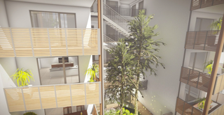 Vue aérienne des balcons privés et de la cage d'escalier. 