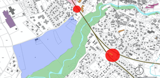 Cadastral view showing the project area in blue and points of interest on the site in the other colours.