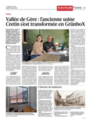 Article in the Dauphiné Libéré on the transformation of the Crétin factory into GrünboX.