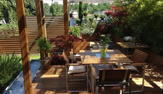 Terrasse et pergola en bois avec végétation.